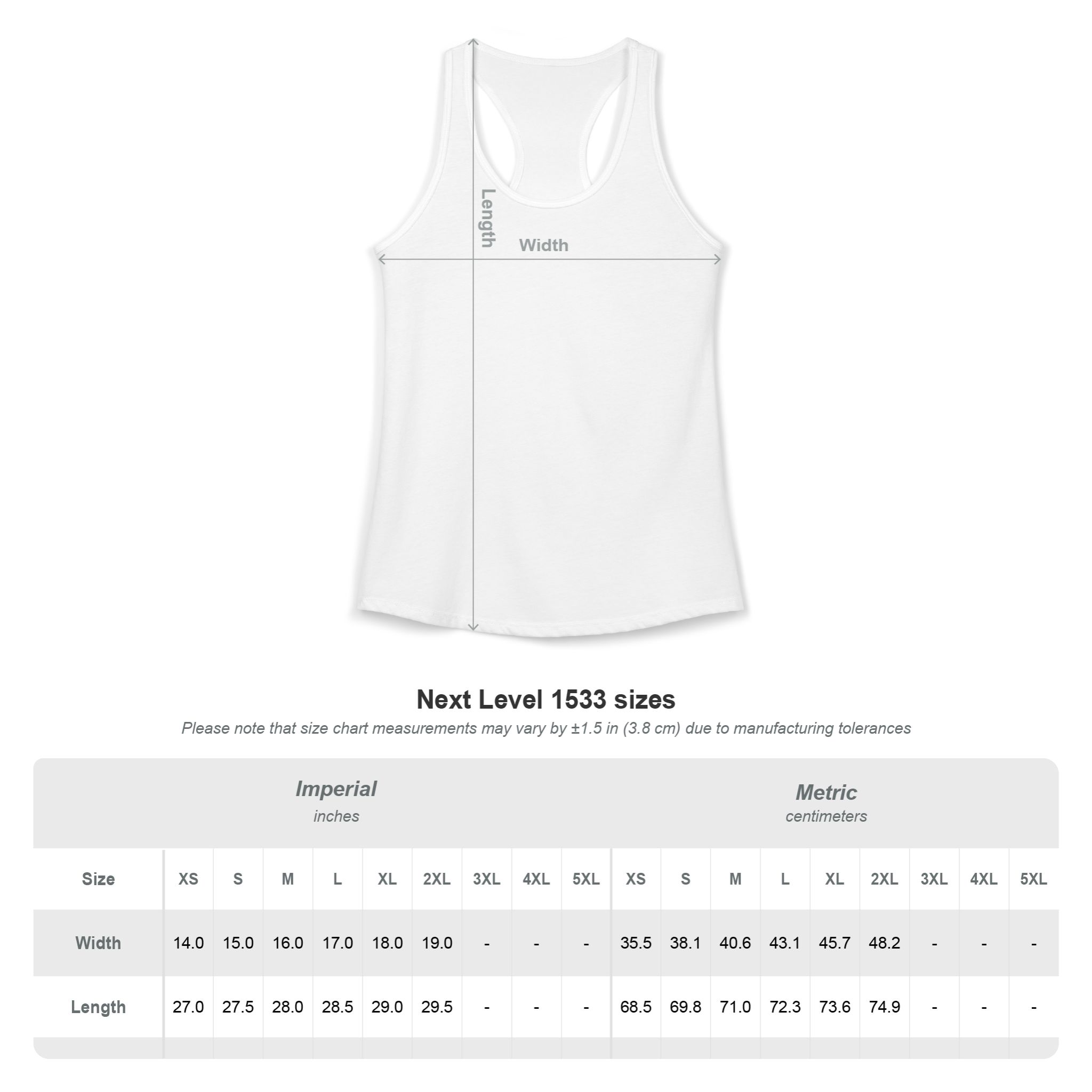 Racerback Tank Top Size Chart